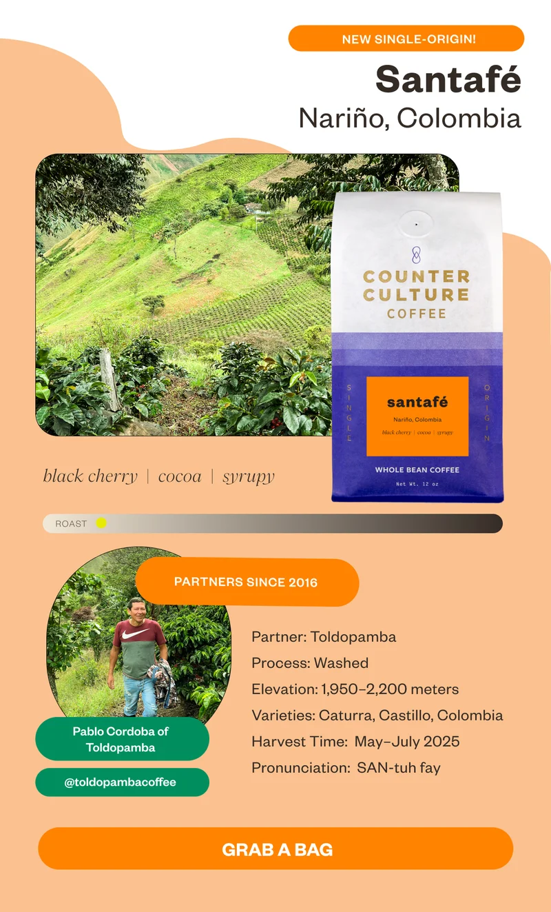New Single-Origin Santafé Nariño, Colombia black cherry cocoa syrupy  Partners for 11 years!Process: Washed Elevation: 1,950–2,200 meters Varieties: Caturra, Castillo, Colombia Harvest Time: May–July 2025.Pronunciation: Santa-Fay CTA Grab a Bag Pablo Cordoba of TOldopamba @tolodpambacoffee