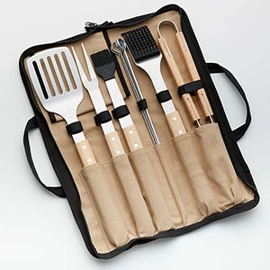 Wood-Handled 9-Piece BBQ Tool Set