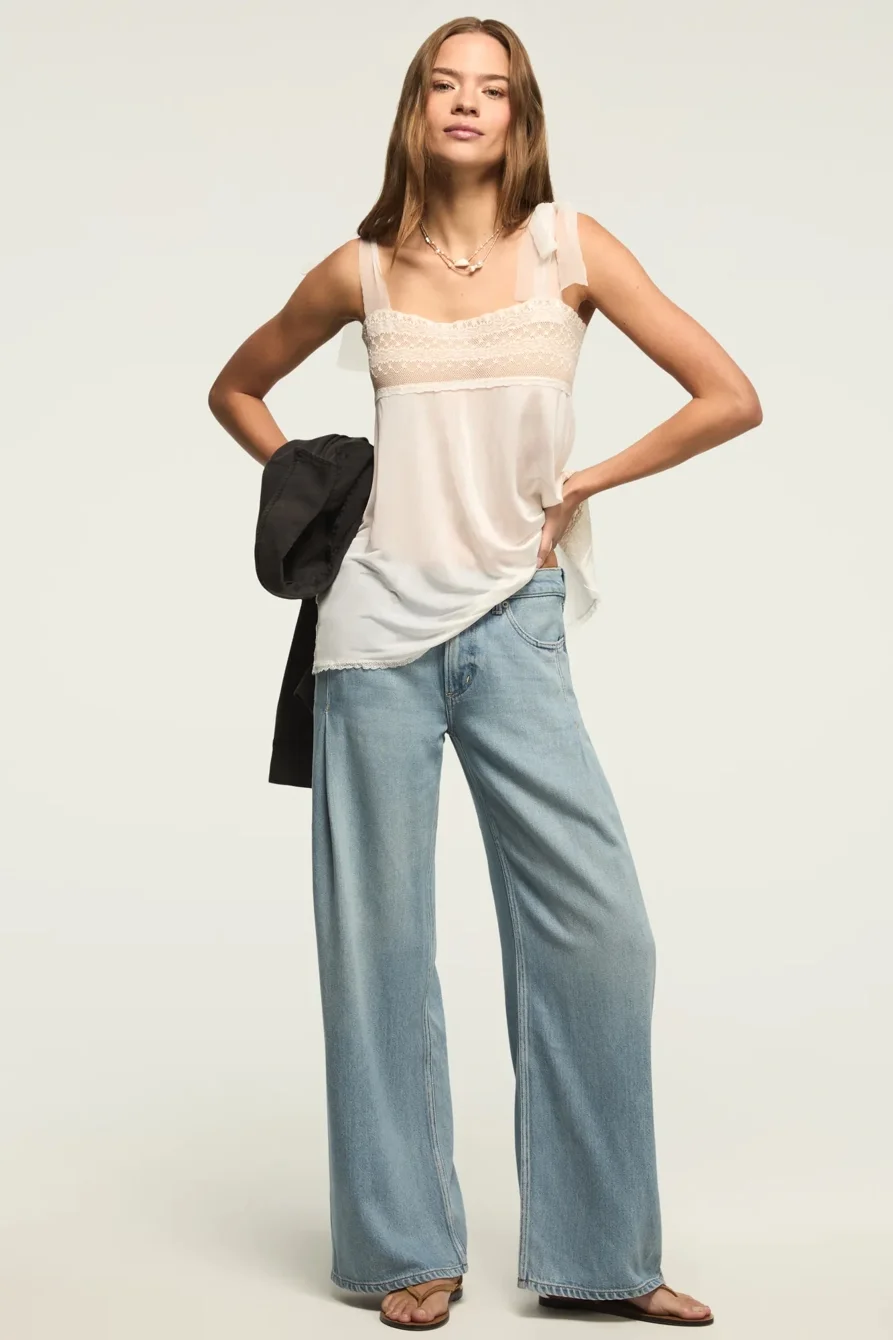 Image of Lucky Brand Pleated Liquid Denim Luxe Palazzo - Women's Clothing Outerwear Jean Denim Jackets in River