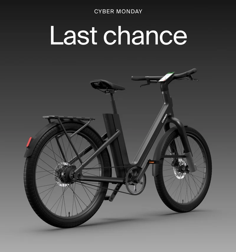 A graphic. Black Friday Cowboy promotion with a rendered e-bike offering €1000 off. Available on top-spec models.