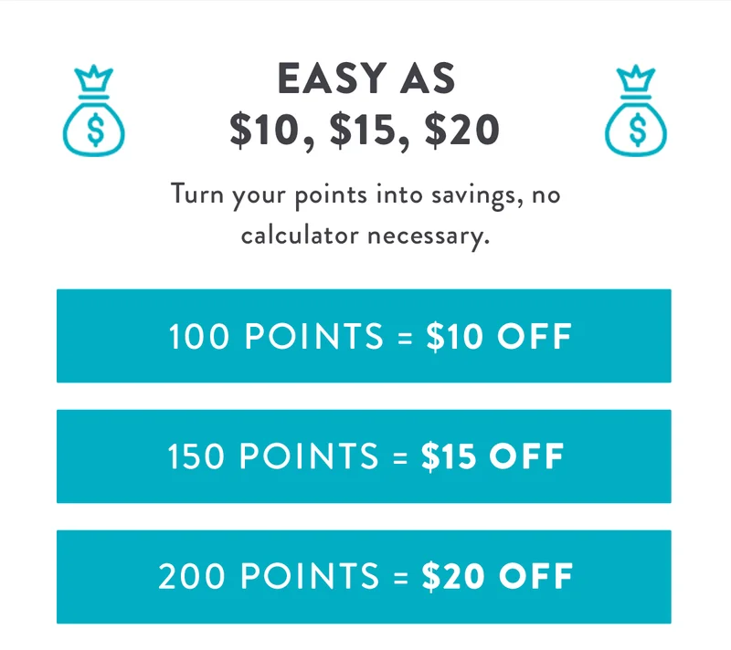 EASY AS $10, $15, $20 | Turn your points into savings, no calculator necessary. |  100 Points = $10 off | 150 Points = $15 Off | 200 Points = $20 Off