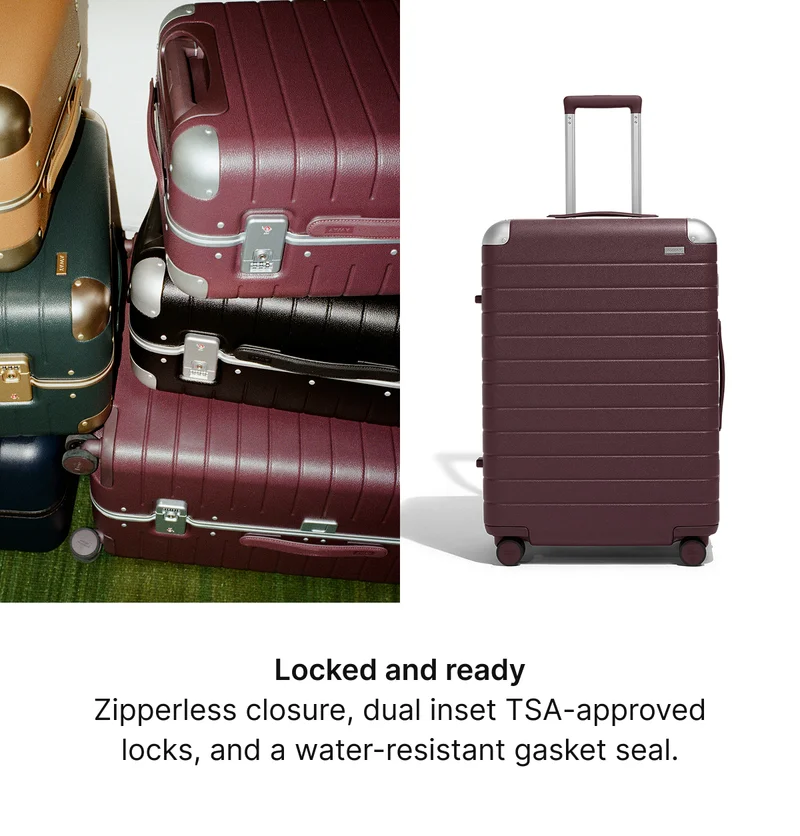 Locked and ready Zipperless closure, dual inset TSA-approved locks, and a water-resistant gasket seal.