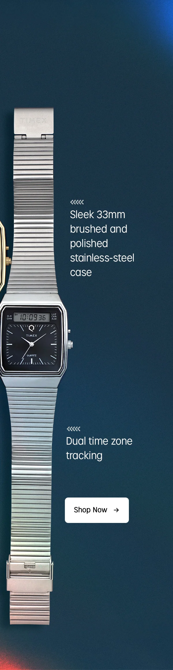 Sleek 33mm brushed and polished stainless-steel case | Dual time zone tracking | Shop Now