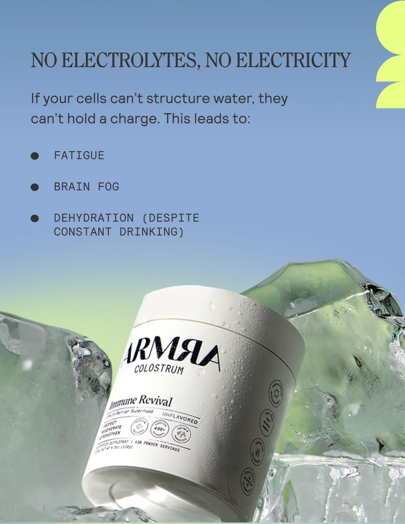 NO ELECTROLYTES, NO ELECTRICITY If your cells can’t structure water, they can't hold a charge. This leads to: ® FATIGUE ® BRAIN FOG ® DEHYDRATION (DESPITE CONSTANT DRINKING)