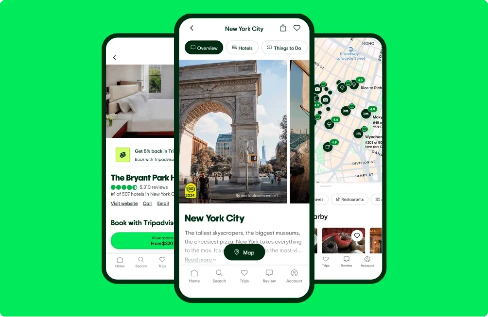 Image Description: Rotating gif showing three Tripadvisor app phone screens. The first shows the destination page for New York City, the second shows a map of the city with saved pin icons scattered throughout, and the third shows a hotel listing page.