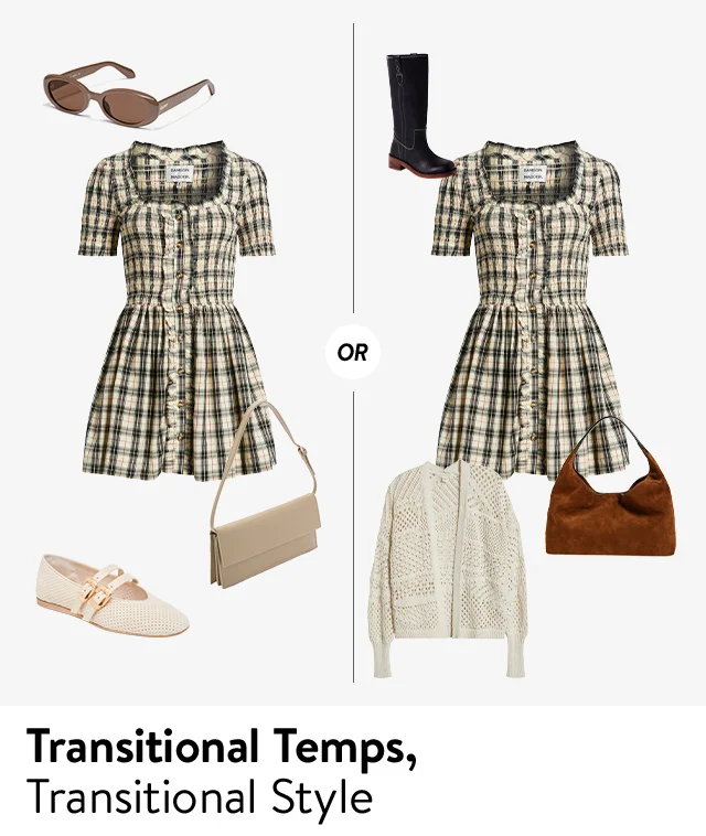 Product collages of clothing, shoes and accessories, forming outfits that transition from summer to fall.