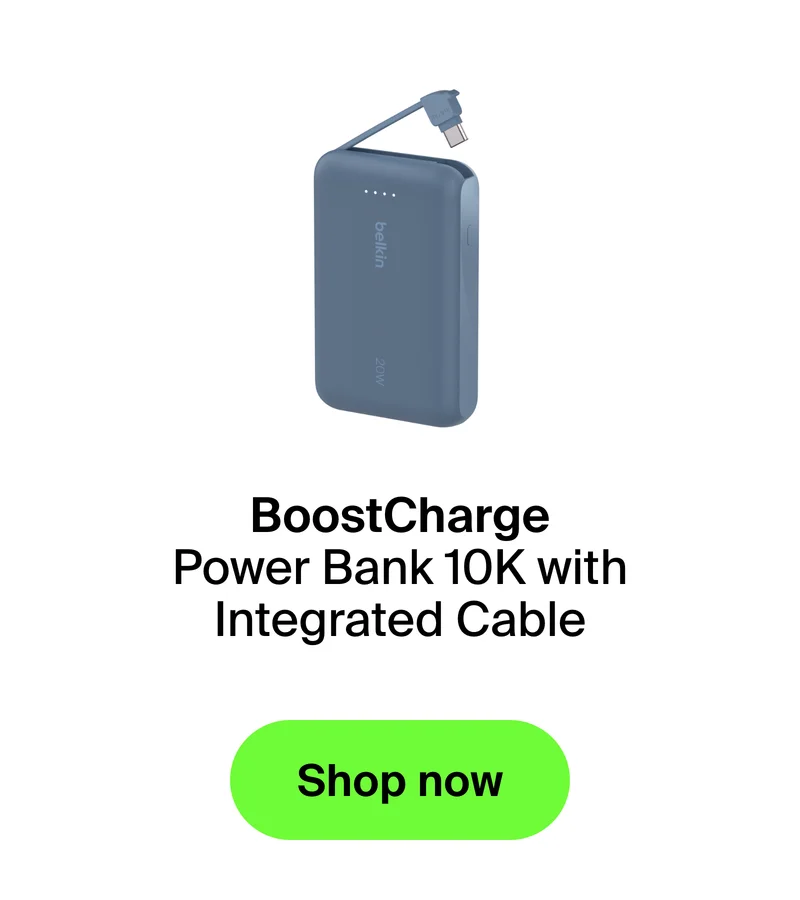 Power with an integrated cable. In blue.