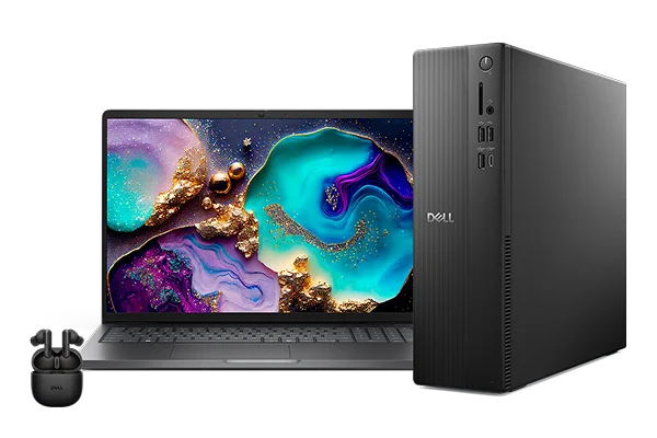 A Dell 14 Plus Laptop computer next to a Dell 27 Monitor.