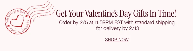 Get Your Valentines Day Gifts In Time! Order by 2/5 at 11:59PM EST with standard shipping for delivery by 2/13 SHOP NOW