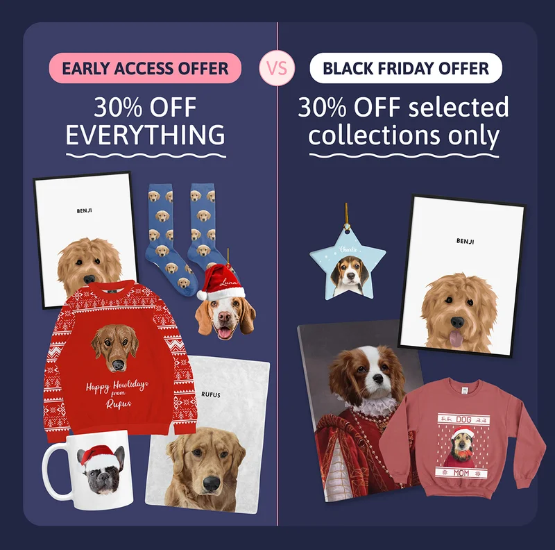 Early Access Offer: 30% OFF EVERYTHING vs Black Friday Offer: 30% off selected collections only.