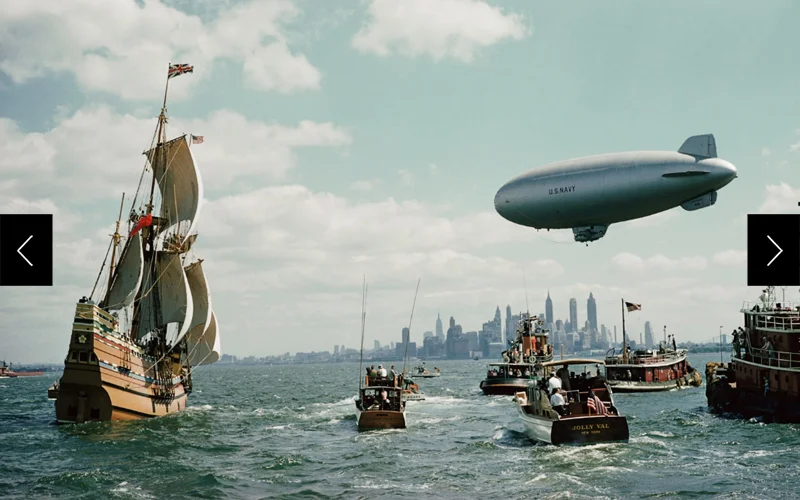 A replica of the Mayflower sails into New York Harbor in July 1957.