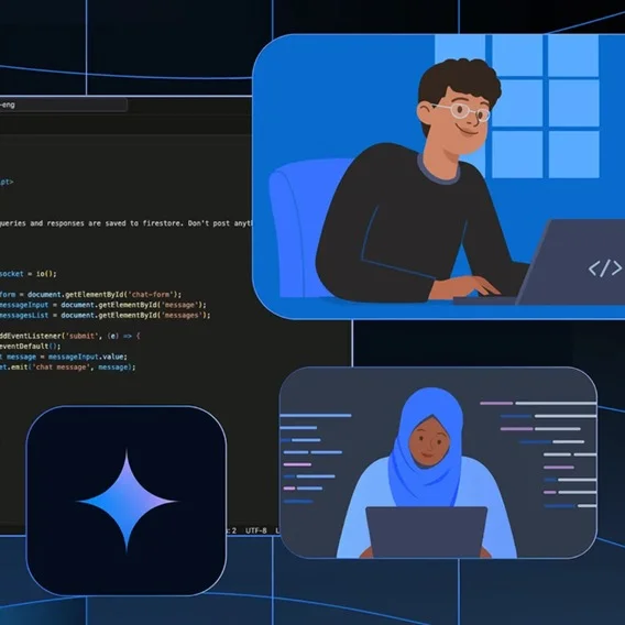 an illustration of people working on their computers and computer code