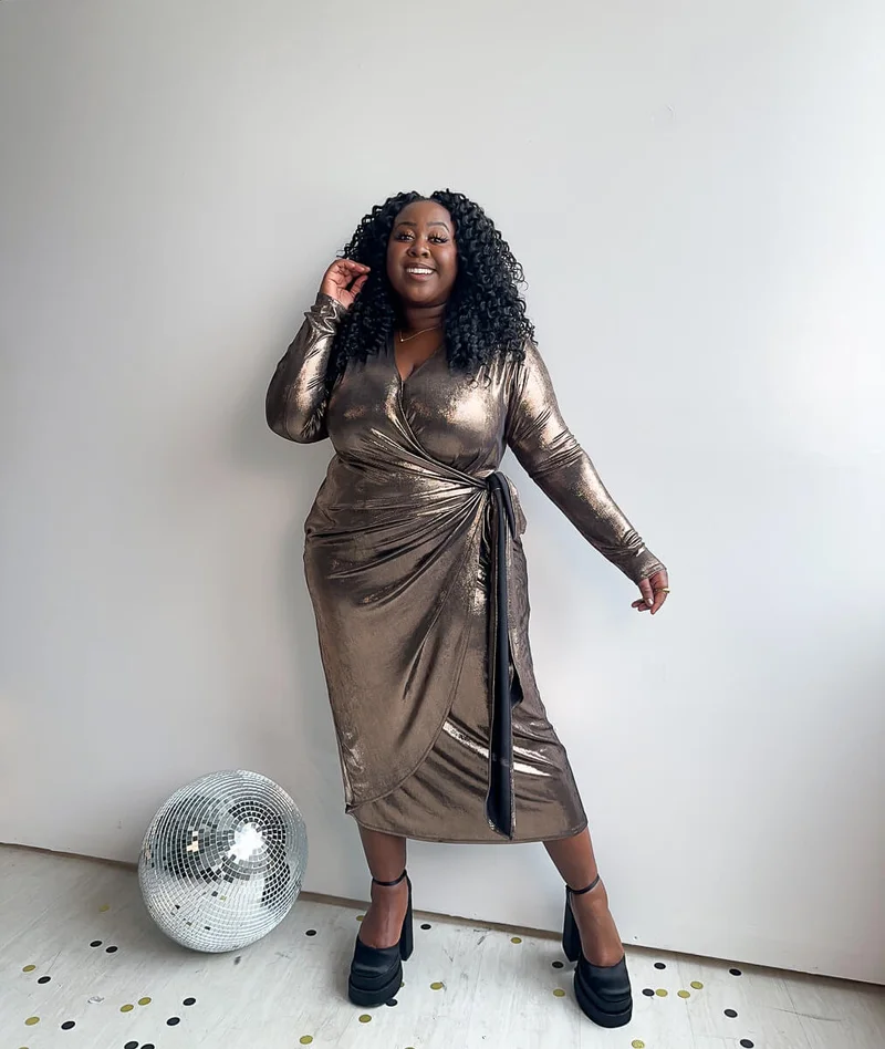 Image of Confidence Wrap Midi Dress in Gold Metallic