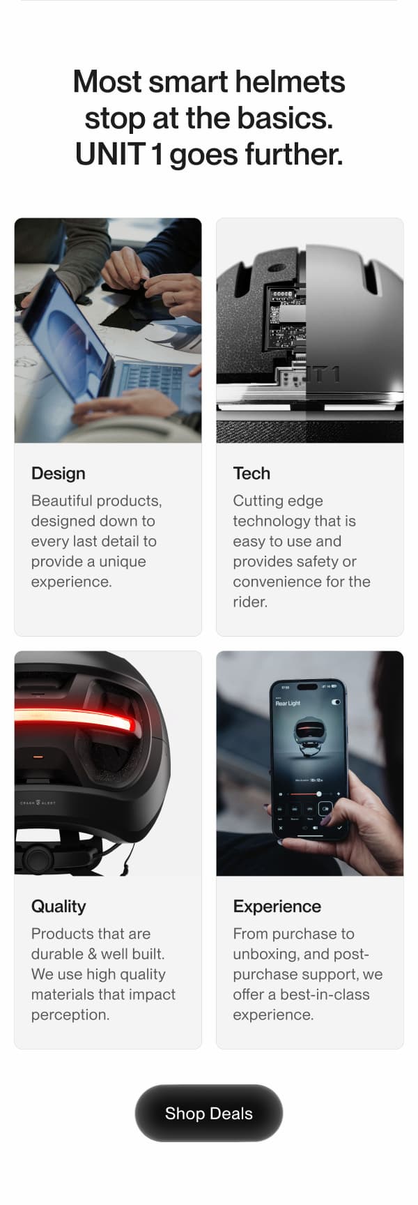 UNIT 1 design, tech, quality and experience visuals highlighting product craftsmanship and smart features.