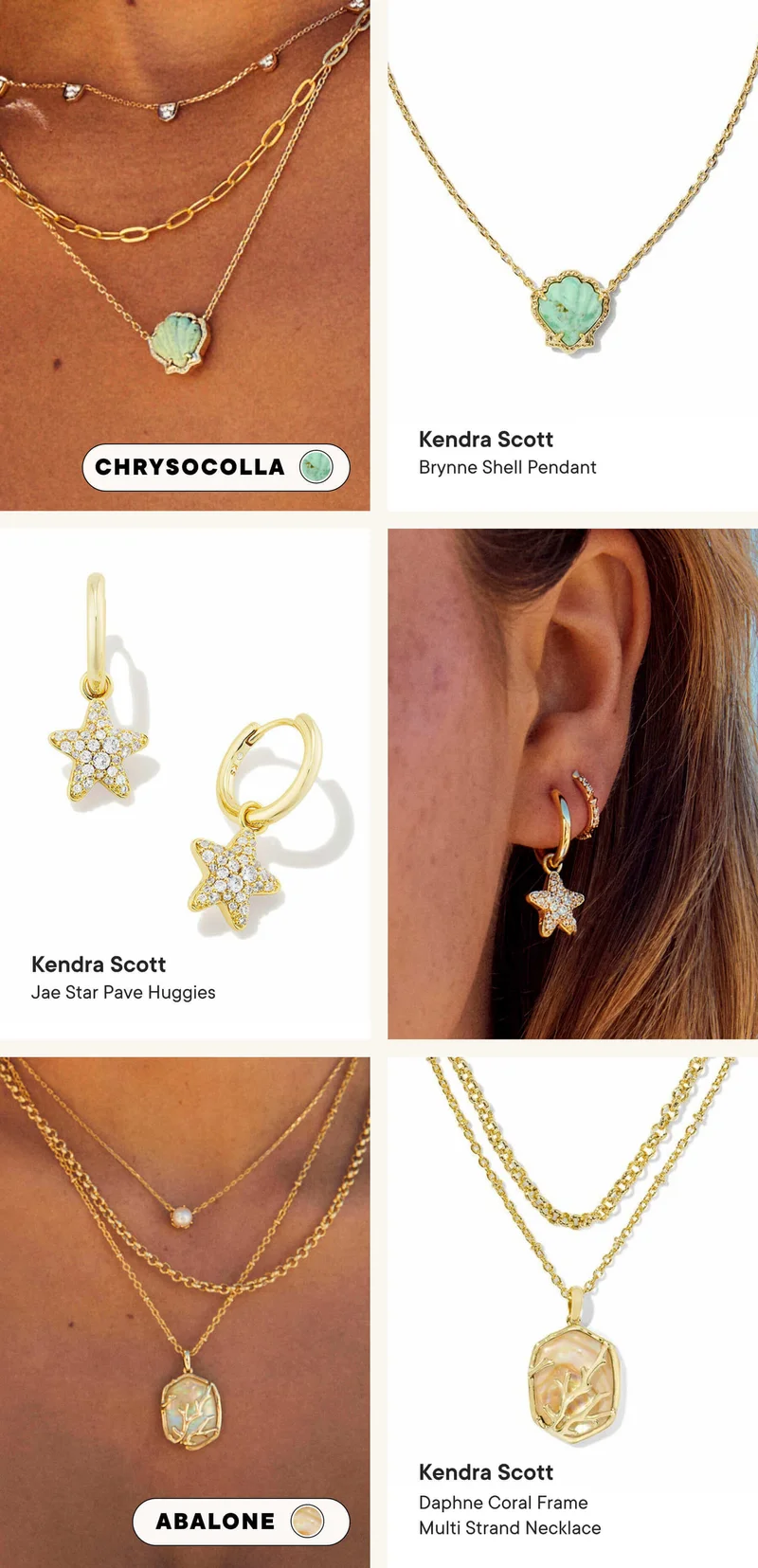 Products Shown: Kendra Scott Brynne Shell Pendant, Kendra Scott Jae Star Pave Huggies, and Kendra Scott Daphne Coral Frame Multi Strand Necklace