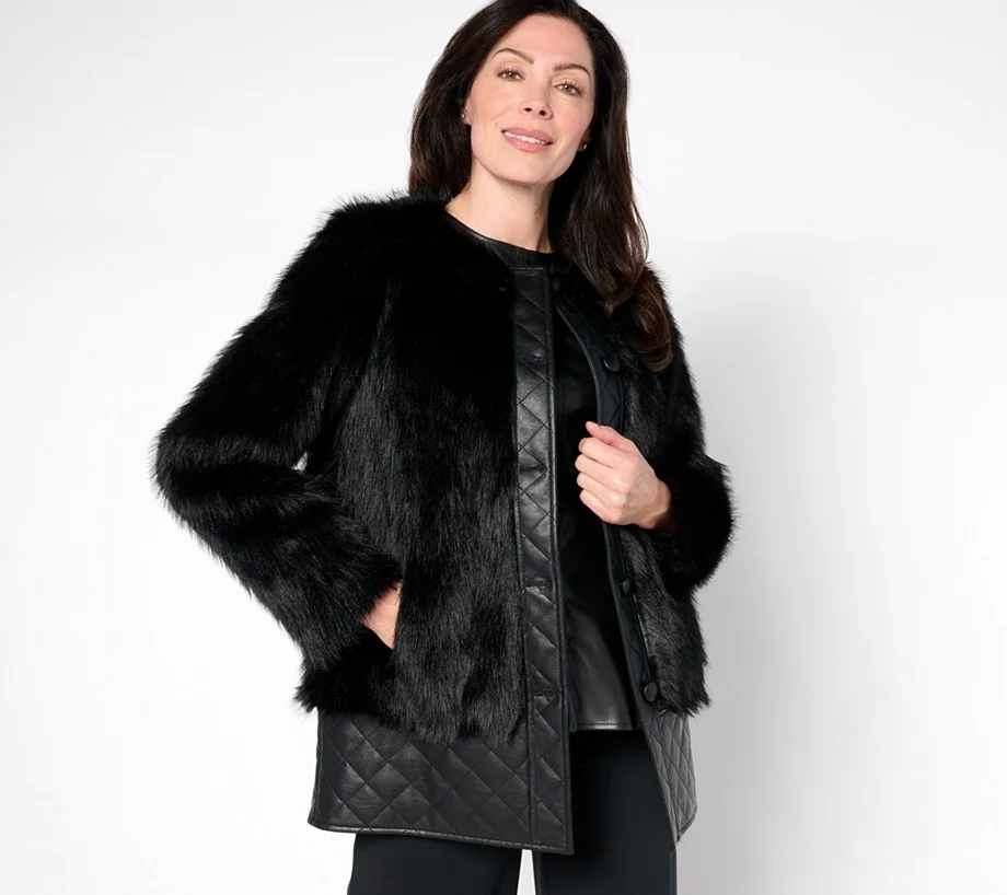 Dennis Basso Long Hair Faux Mink Coat with Faux Leather
