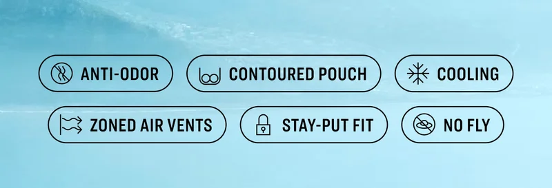 Anti-Odor, Contoured Pouch, Cooling, Zoned Air Vents, Stay-Put Fit, No Fly