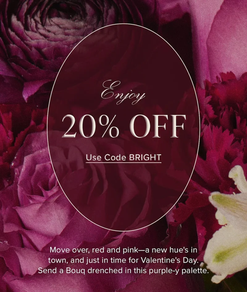 Move over, red and pink--a new hue's in town, and just in time for Valentine's Day. Send a Bouq drenched in this purple-y palette. Enjoy 20% Off. Use Code discount code