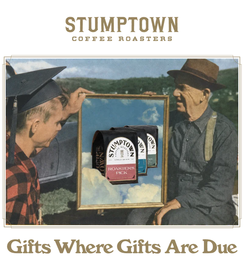 Vintage-style image of a father presenting a Stumptown Roaster’s Pick subscription to a recent graduate in a graduation cap. The scene features a framed image of Roaster’s Pick coffee bags floating among clouds. Text below reads, “Gifts Where Gifts Are Due.”