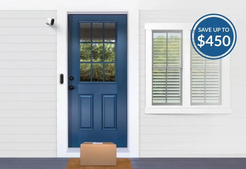 Save up to $450. Front door of home with various Arlo home security products mounted on the exterior.