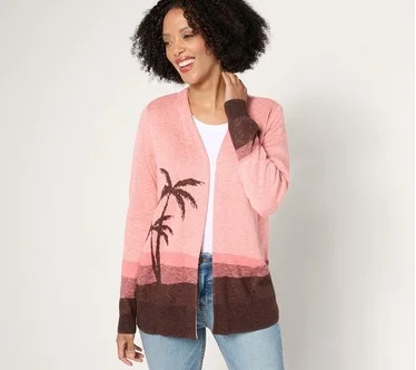 Denim & Co. Paradise Motif Open Front Long Sleeve Cardigan