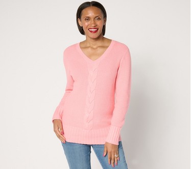 Denim & Co. Soft Knit V-Neck Cable Sweater