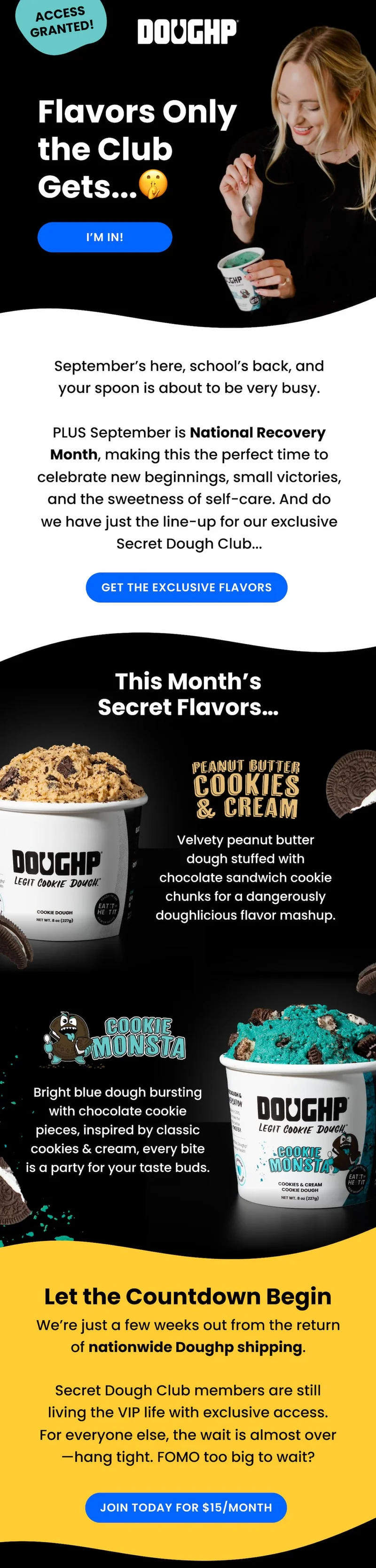 Secret Dough Club exclusive flavors for September: PB Cookies & Cream and Cookie Monsta.