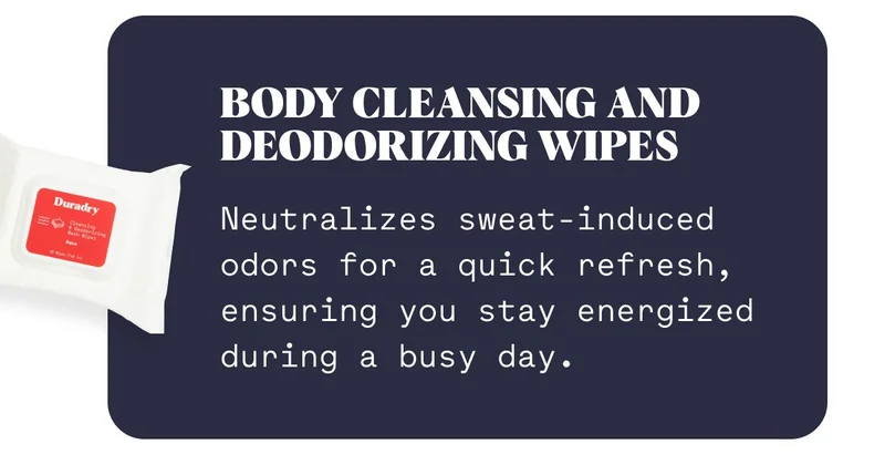 Body Cleansing and Deodorizing Wipes Neutralizes sweat-induced odors for a quick refresh, ensuring you stay energized during a busy day.