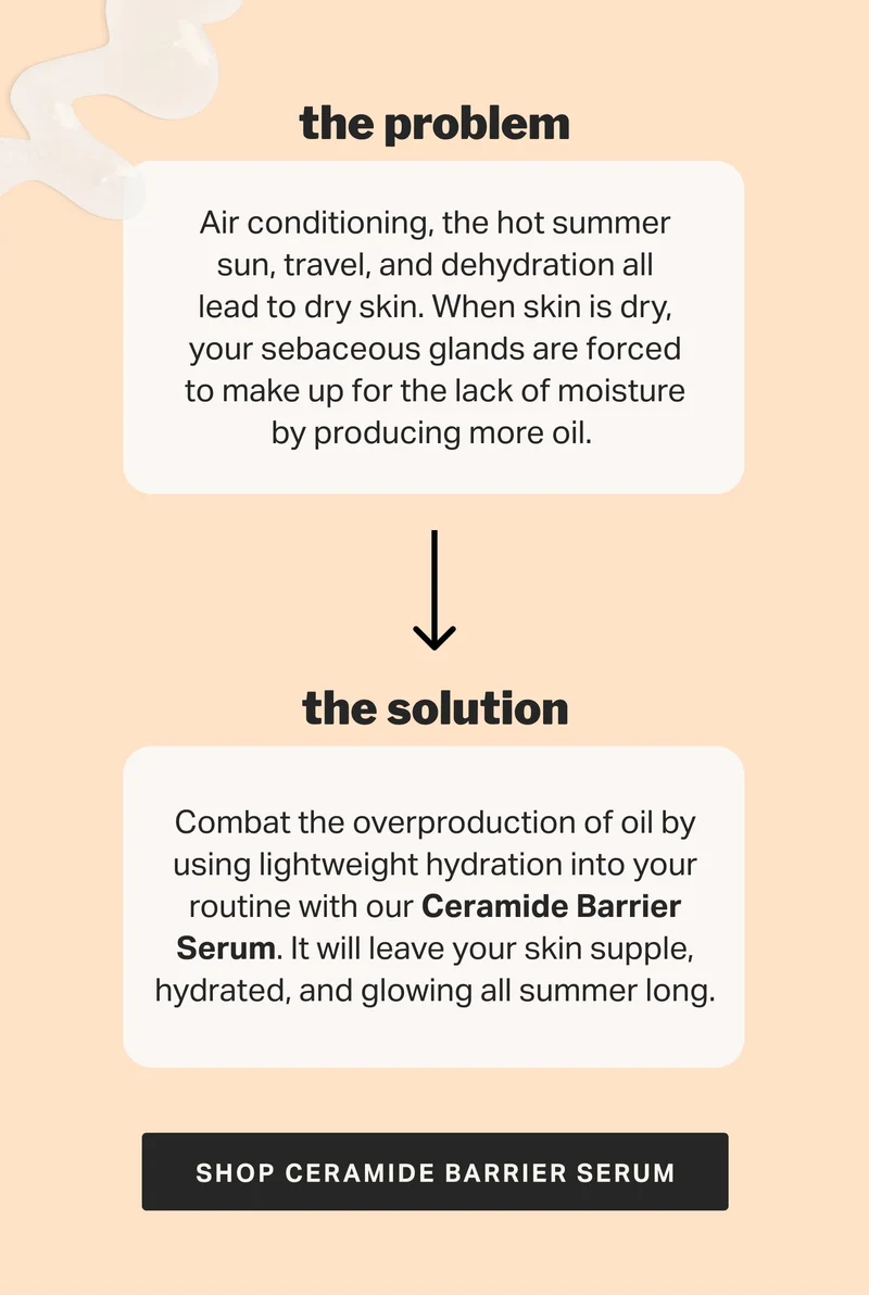 the problem Air conditioning, the hot summer sun, travel, and dehydration all lead to dry skin. When skin is dry, your sebaceous glands are forced to make up for the lack of moisture by producing more oil.&nbsp; the solution SHOP CERAMIDE BARRIER SERUM
