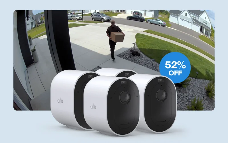 Pro 5S 2K - 4 Camera Bundle. 52% off. Point-of-view camera image showing a package delivery to a house.