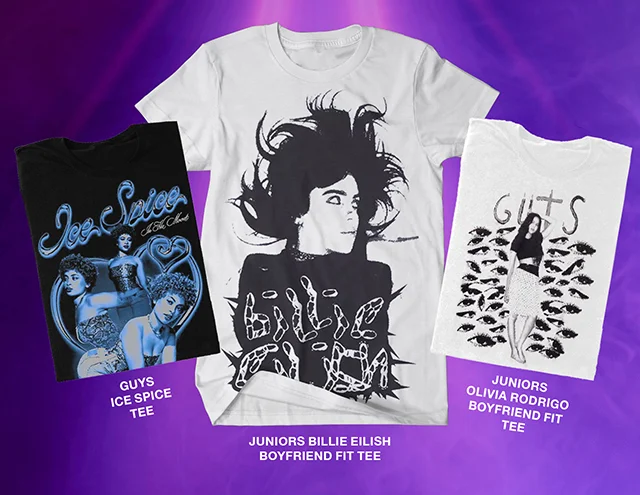 Product shown: Guys Ice Spice Tee, Juniors Billie Eilish Boyfriend Fit Tee, and Juniors Olivia Rodrigo Boyfriend Fit Tee