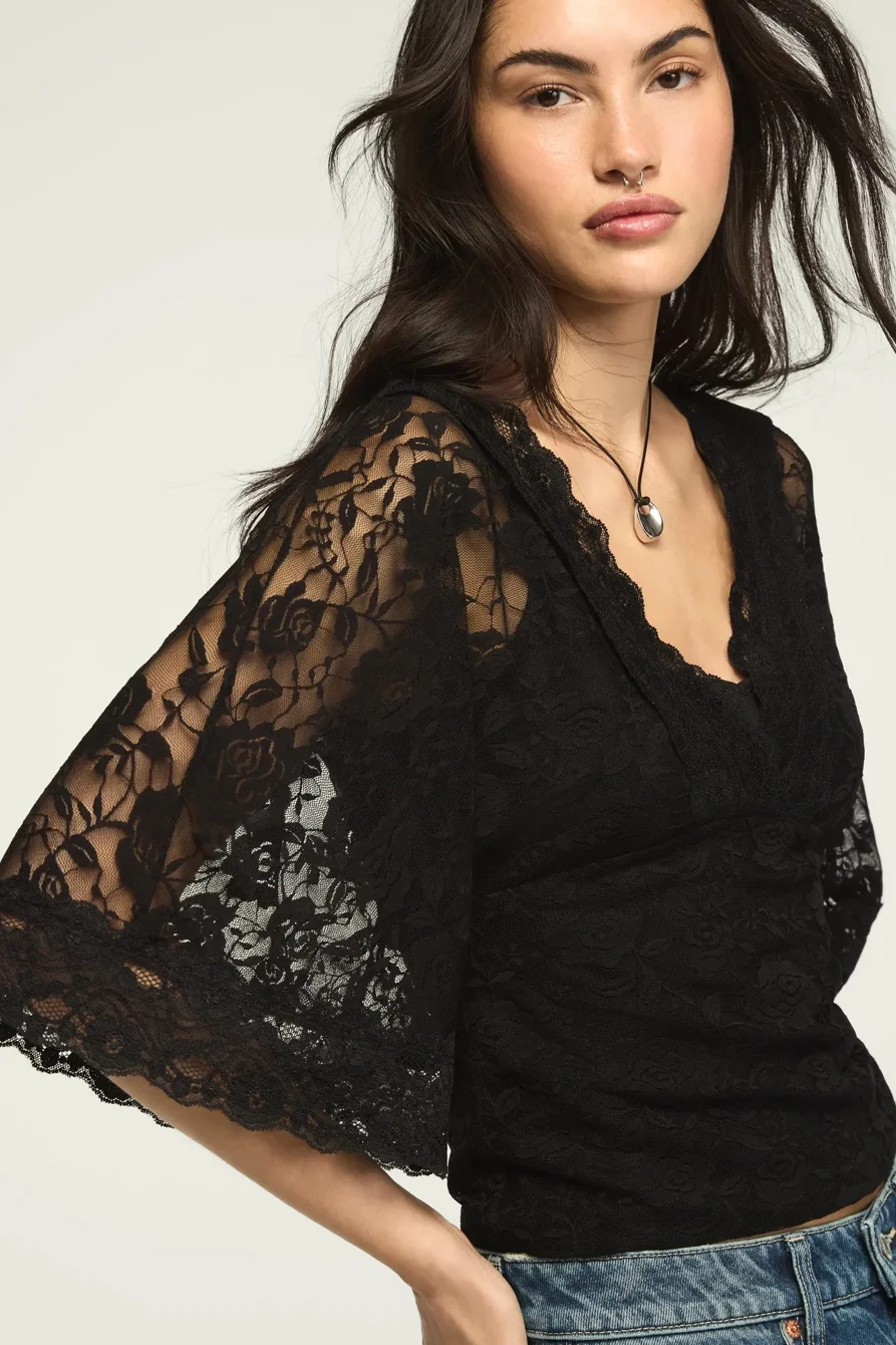 Image of Lucky Brand Lace V-Neck Bell Sleeve Top - Women's Clothing V Neck Tops Tee Shirts in Jet Black