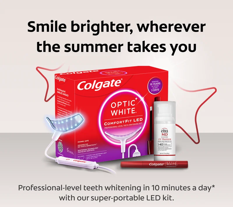 Smile brighter, wherever the summer takes you. Professional-level teeth whitening in 10 minutes a day* with our super-portable LED kit.