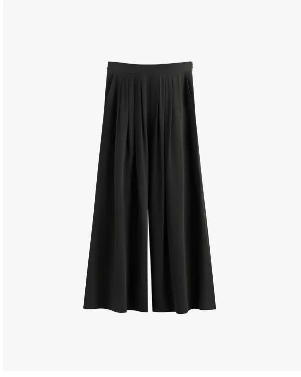 Washable Silk Cropped Pleated Pant Black
