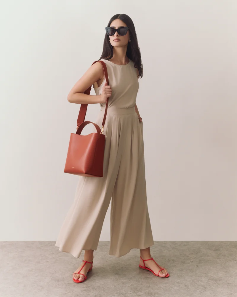 Washable Silk Cropped Overlay Tank, Washable Silk Cropped Pleated Pant. Linea Bucket Bag