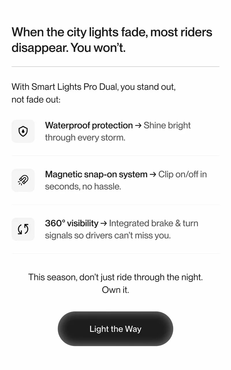 Smart Lights Pro Dual features: waterproof, magnetic snap-on, and 360° visibility with brake and turn signals.