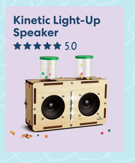 Kinetic Light-Up Speaker showcasing a wooden speaker project with colorful LED lights.