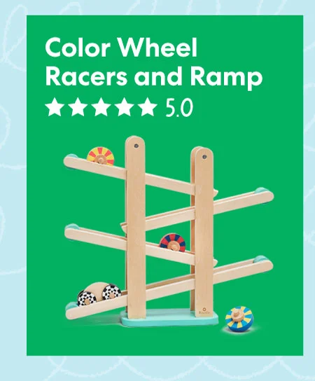Color Wheel Racers and Ramp kit featuring wooden ramps and spinning color wheels.