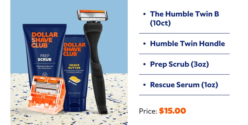 The Humble Twin B (10ct) Humble Twin Handle Prep Scrub (3oz) Rescue Serum (1oz) Price $15.00