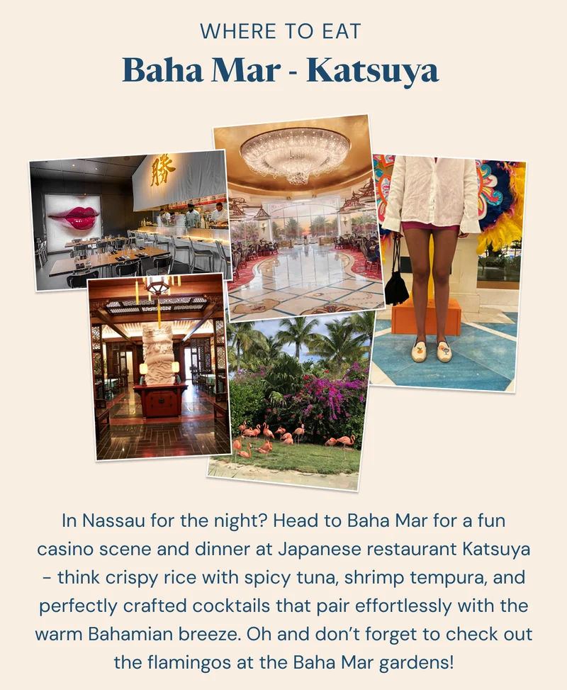 Where to Eat: Baha Mar - Katsuya. In Nassau for the night? Head to Baha Mar for a fun casino scene and dinner at Japanese restaurant Katsuya - think crispy rice with spicy tuna, shrimp tempura, and perfectly crafted cocktails that pair effortlessly with the warm Bahamian breeze. Oh and don’t forget to check out the flamingos at the Baha Mar gardens!