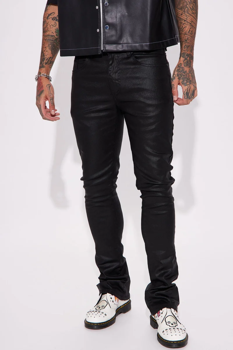 Image of As I Do Waxed Stacked Skinny Flare Jeans - Black