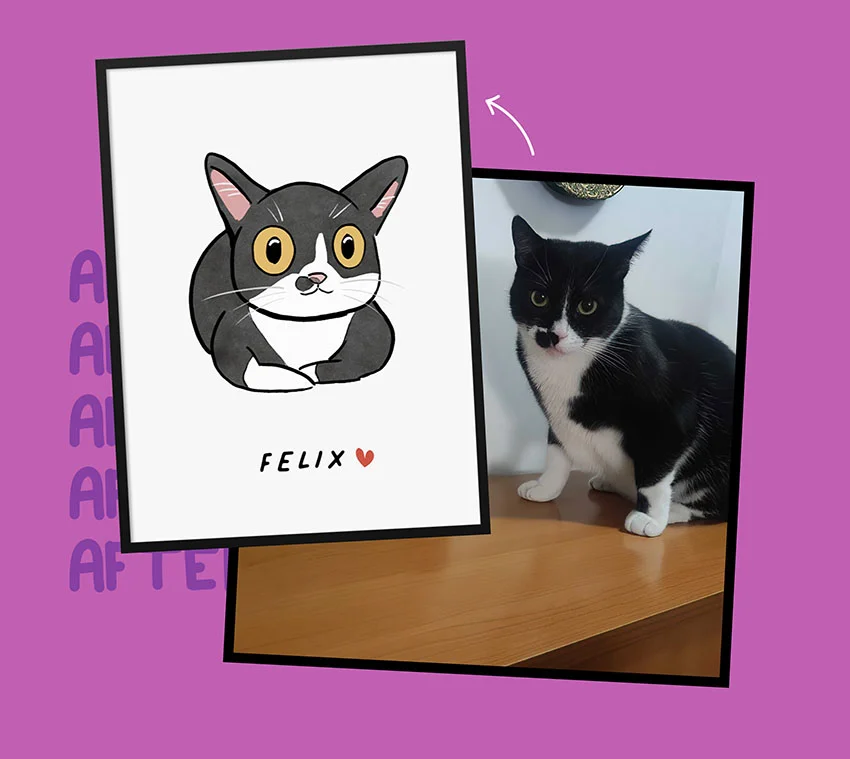 Kawaii Pet Portrait before and after artwork