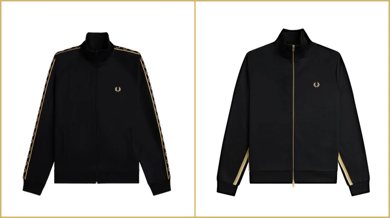 Flat shot images of the Fred Perry Track Jacket in Black / Champagne and the Stripe Tape Track Jacket in Black / Champagne