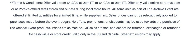 **Terms & Conditions: Offer valid from 6/12/24 at 9pm PT to 6/19/24 at 9pm PT. Offer only valid online at rothys.com or at Rothyβs official retail stores and outlets during local store hours. All items sold as part of The Archive Event are offered at limited quantities for a limited time, while supplies last. Sales prices cannot be retroactively applied to purchases made before the event began. No offers, promotions, or discounts may be used towards the purchase of The Archive Event products. Prices are as marked. All sales are final and cannot be returned, exchanged or refunded for cash value or store credit. Valid only in the US and Canada. Other exclusions may apply. **Terms & Conditions: Offer valid from 6/12/24 at 9pm PT to 6/19/24 at 9pm PT. Offer only valid online at rothys.com or at Rothyβs official retail stores and outlets during local store hours. All items sold as part of The Archive Event are offered at limited quantities for a limited time, while supplies last. Sales prices cannot be retroactively applied to purchases made before the event began. No offers, promotions, or discounts may be used towards the purchase of The Archive Event products. Prices are as marked. All sales are final and cannot be returned, exchanged or refunded for cash value or store credit. Valid only in the US and Canada. Other exclusions may apply.