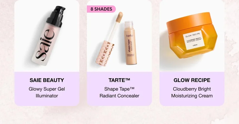 SAIE BEAUTY - Glowy Super Gel Illuminator | TARTE(TM) - Shape TAPE(TM) Radiant Concealer | GLOW RECIPE - Cloudberry Bright Moisturizing Cream