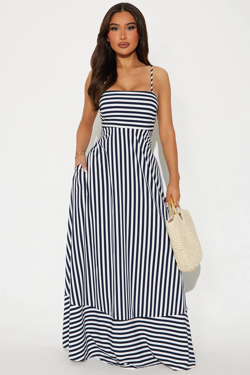 Image of Anne Striped Maxi Dress - Navy