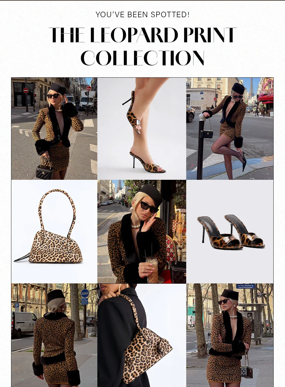 Collage features a model in chic leopard print jacket, skirt, black fur trim, matching heels & handbag. Discover this stunning new collection.