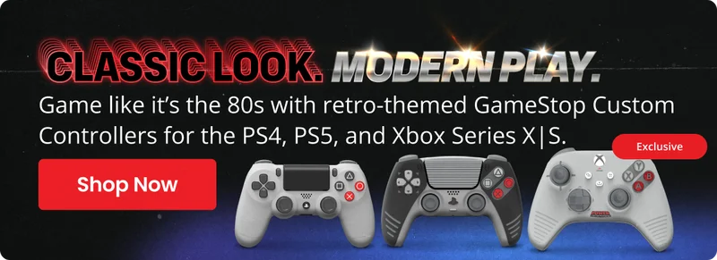 Classic Look. Modern Play. | Game like it’s the 80s with retro-themed GameStop Custom Controllers for the PS4, Ps5, and Xbox Series X|S. | Exclusive | Shop Now