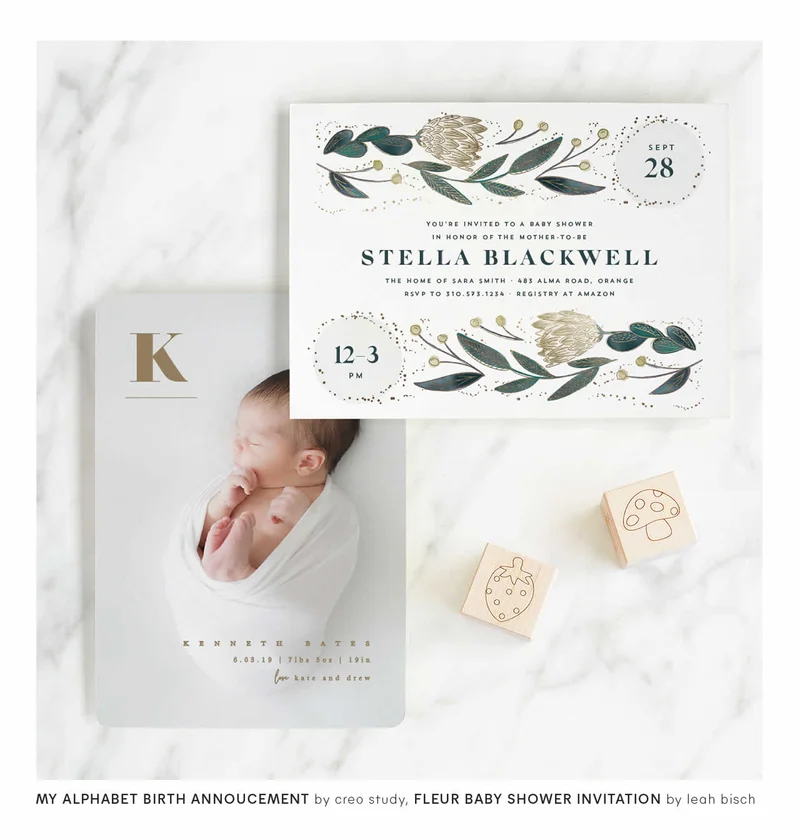 My Alphabet Birth Announcement, Fleur Baby Shower Invitations