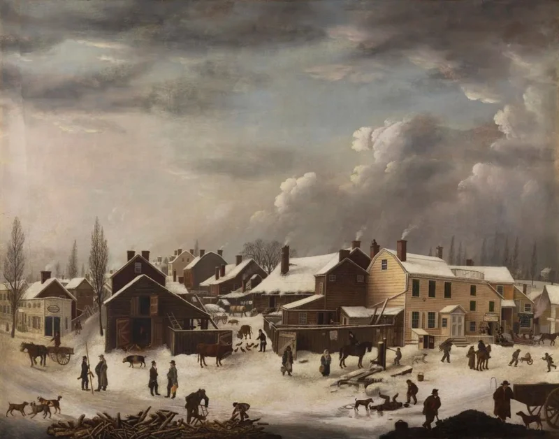 A painting of a snowy village scene with people, animals, and buildings